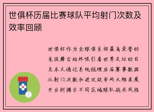 世俱杯历届比赛球队平均射门次数及效率回顾